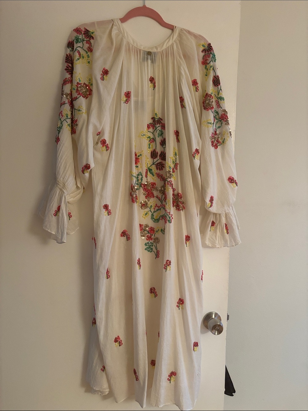 Antik Batik Ivory Midi Dress with Floral Sequin and Bead Embroidery L - Picture 6 of 11